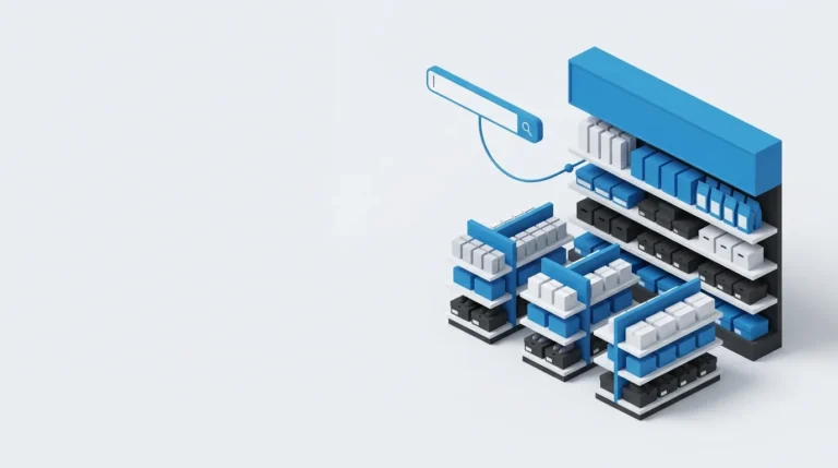 Isometric illustration of an organised store shelf with a blue category header, connected to a search bar