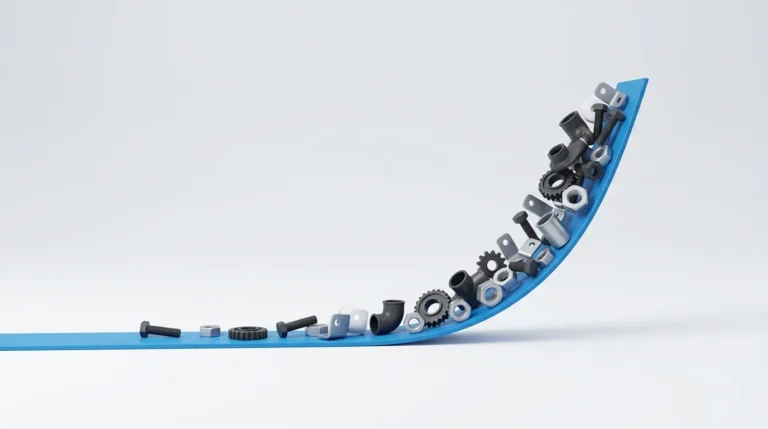 3D illustration of a blue growth curve that starts flat and rises sharply, carrying industrial parts like bolts and gears