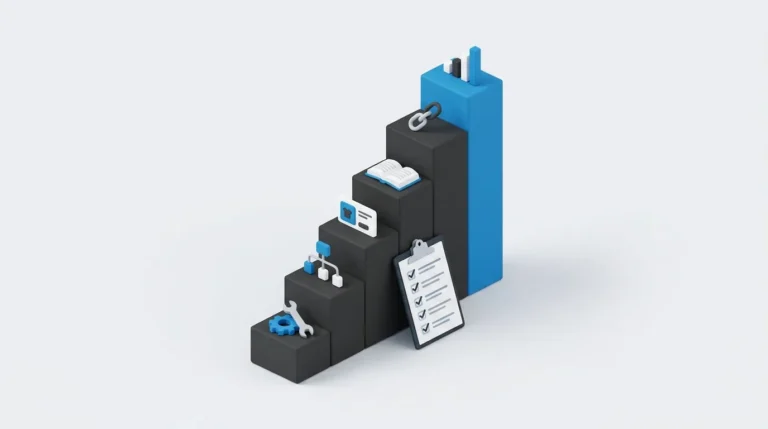 Isometric staircase of six steps with a checklist clipboard, showing the ecommerce SEO checklist in order