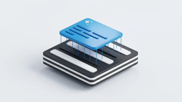 Illustration of a blue AI answer card built on top of a foundation of search results