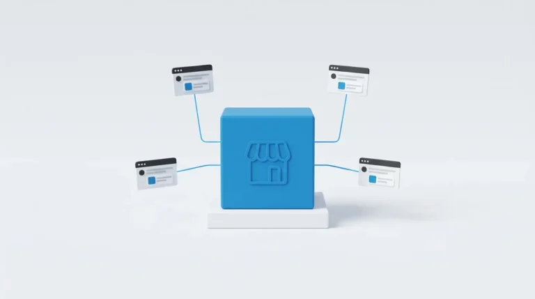 Illustration of a blue brand cube connected to four AI chat windows that all cite it
