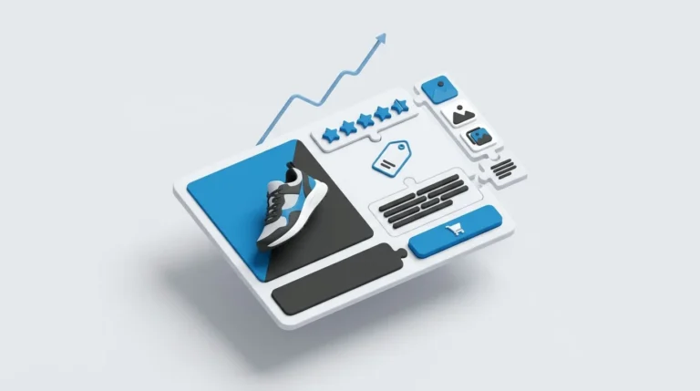 3D illustration of a product page card with a running shoe, star rating, price tag, image thumbnails and an add to cart button, with a rising trend line